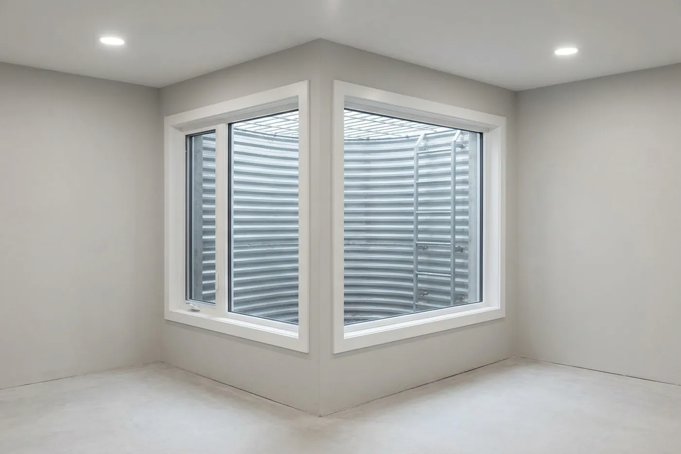 Completed egress window and well bringing light into a Lincoln basement